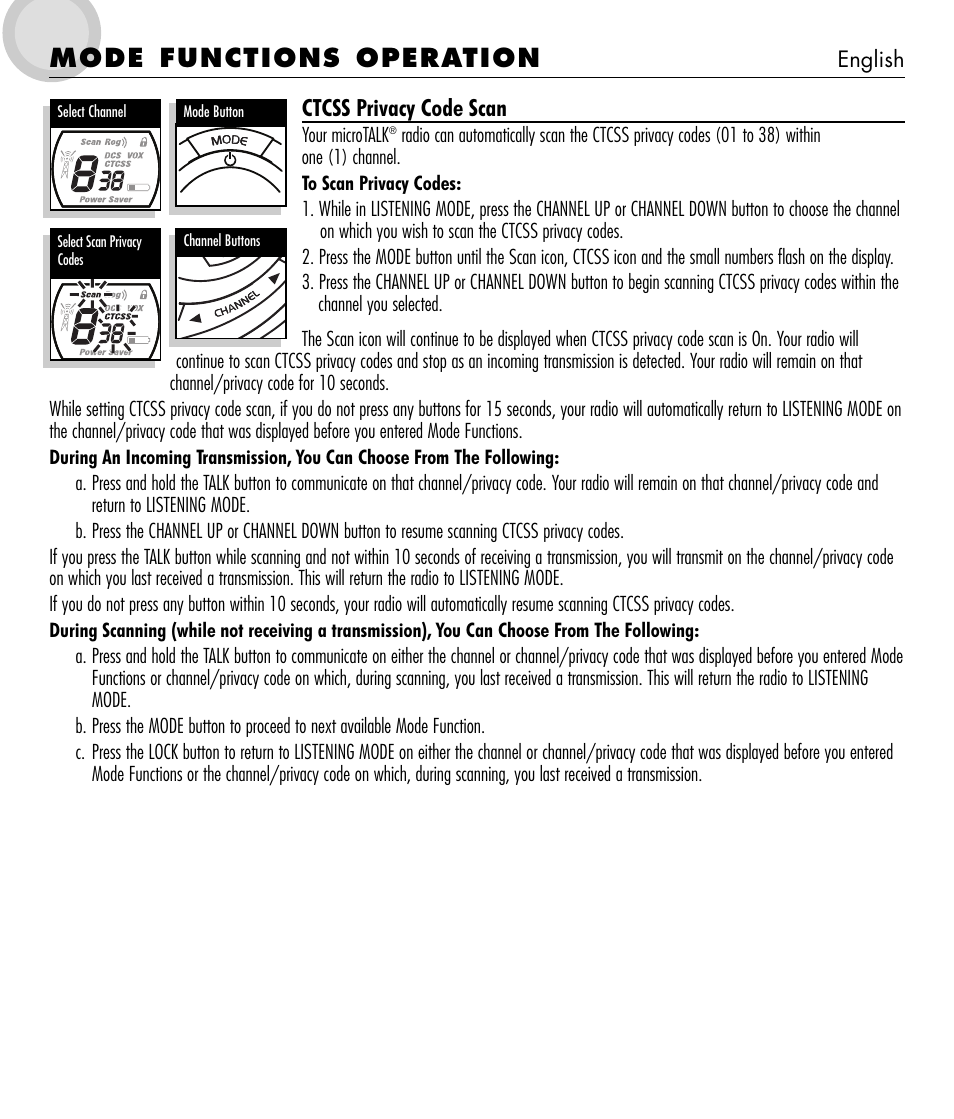 Mode functions operation, Ctcss privacy code scan | Cobra Electronics microTALK 600 User Manual | Page 9 / 12
