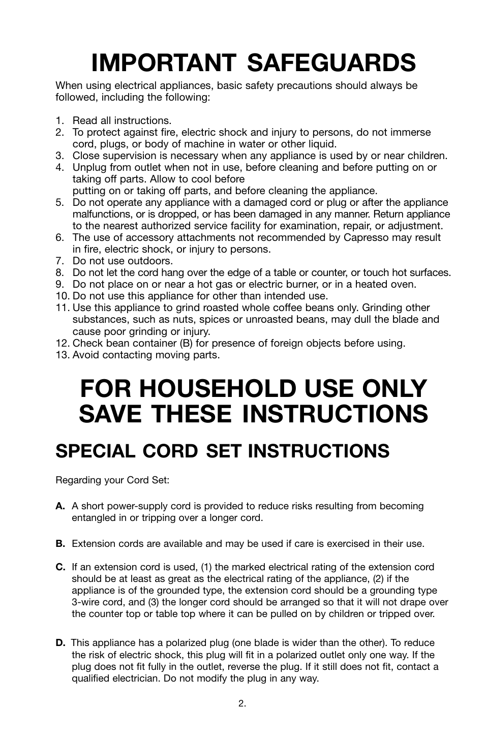 Important safeguards, For household use only save these instructions, Special cord set instructions | Capresso Ceramic Burr Grinder 595 User Manual | Page 2 / 7