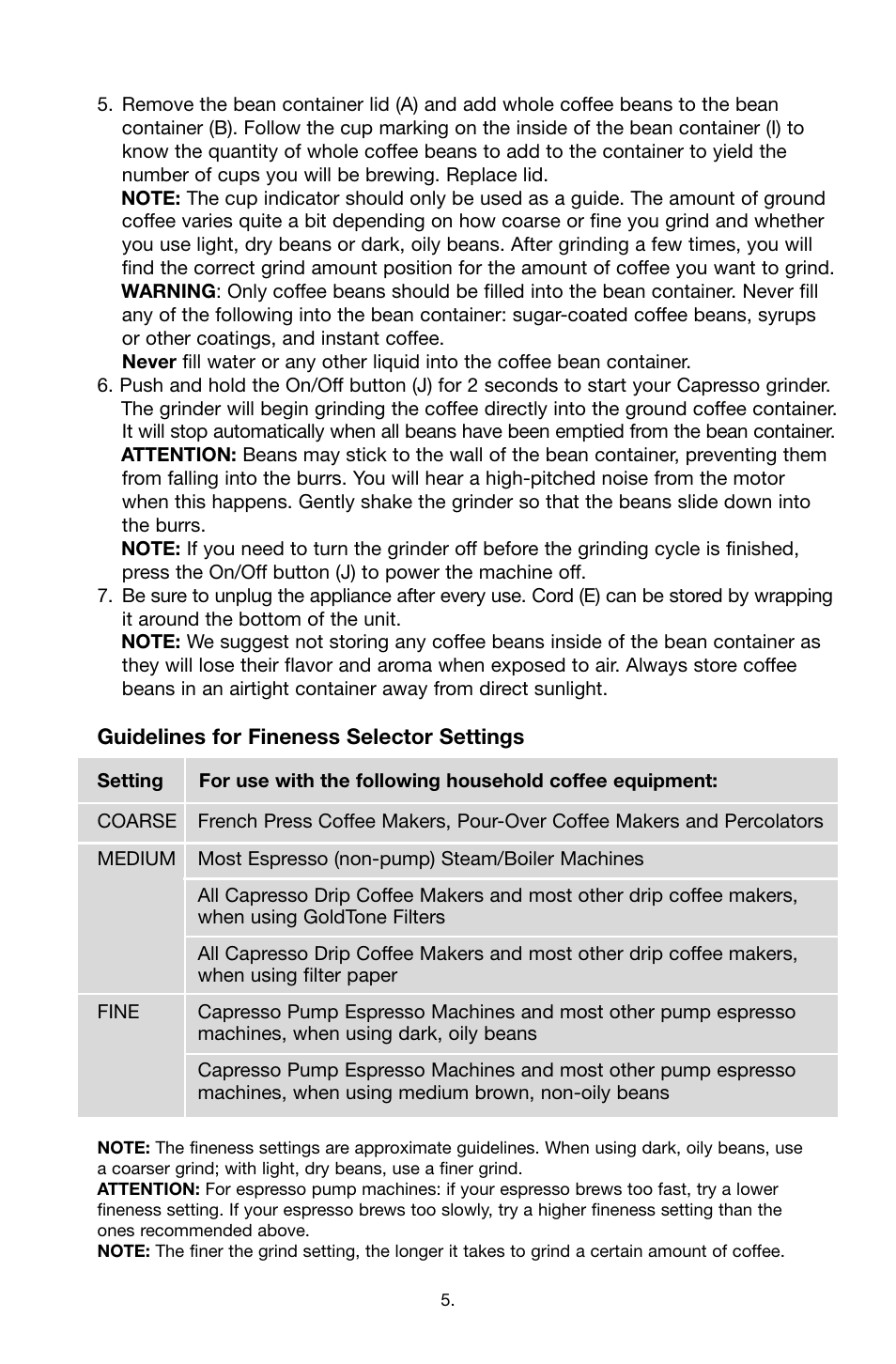 Capresso Ceramic Burr Grinder 595 User Manual | Page 5 / 7