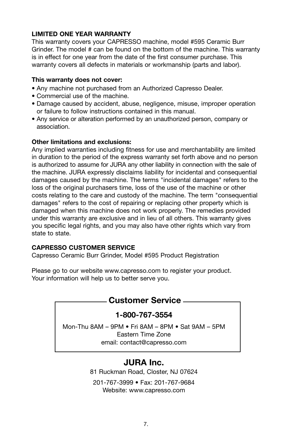 Jura inc, Customer service | Capresso Ceramic Burr Grinder 595 User Manual | Page 7 / 7