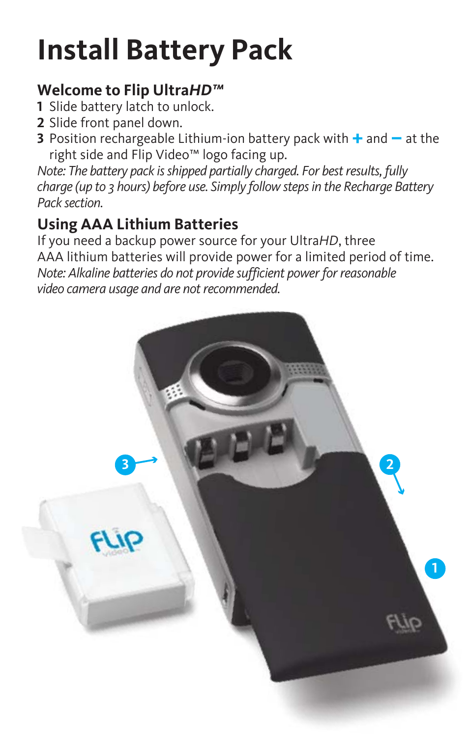 Install battery pack | Flip Video UltraHD camera User Manual | Page 2 / 9