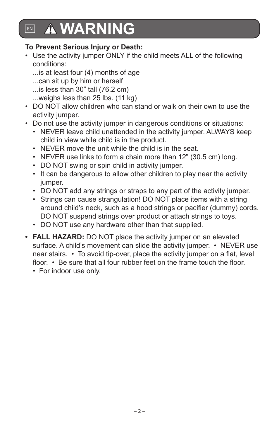 Warning | Baby Einstein 90564 User Manual | Page 2 / 32