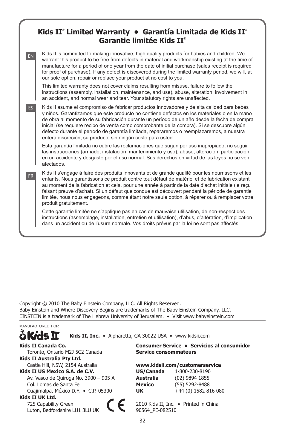 Kids ii, Limited warranty • garantía limitada de kids ii, Garantie limitée kids ii | Baby Einstein 90564 User Manual | Page 32 / 32
