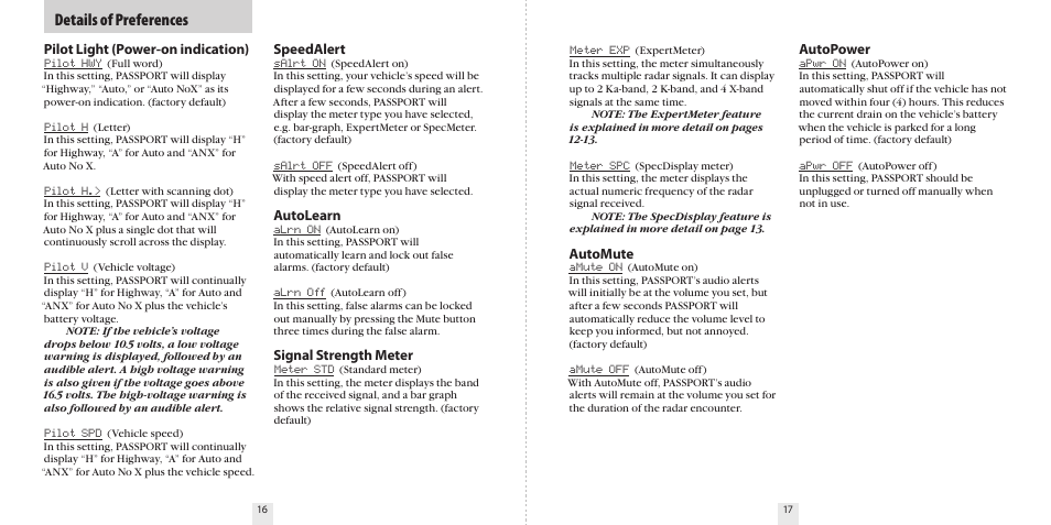 Details of preferences, Pilot light (power-on indication), Automute | Autopower, Speedalert, Autolearn, Signal strength meter | Escort 9500ix User Manual | Page 10 / 18
