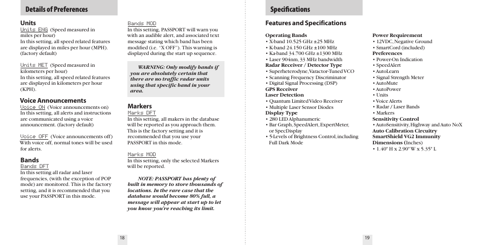 Speciﬁcations details of preferences | Escort 9500ix User Manual | Page 11 / 18