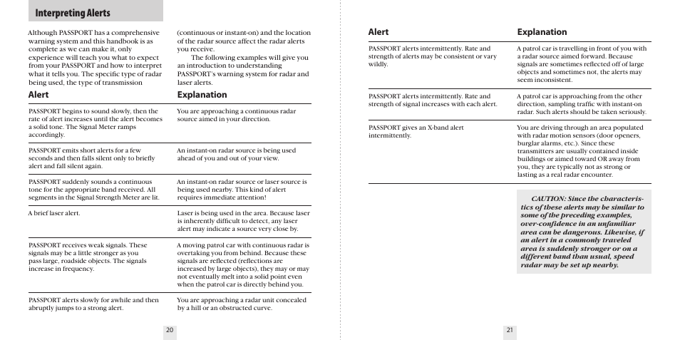 Interpreting alerts, Explanation, Alert | Escort 9500ix User Manual | Page 12 / 18