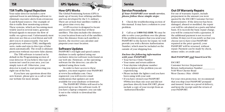 Tsr service, Gps / updates | Escort 9500ix User Manual | Page 15 / 18