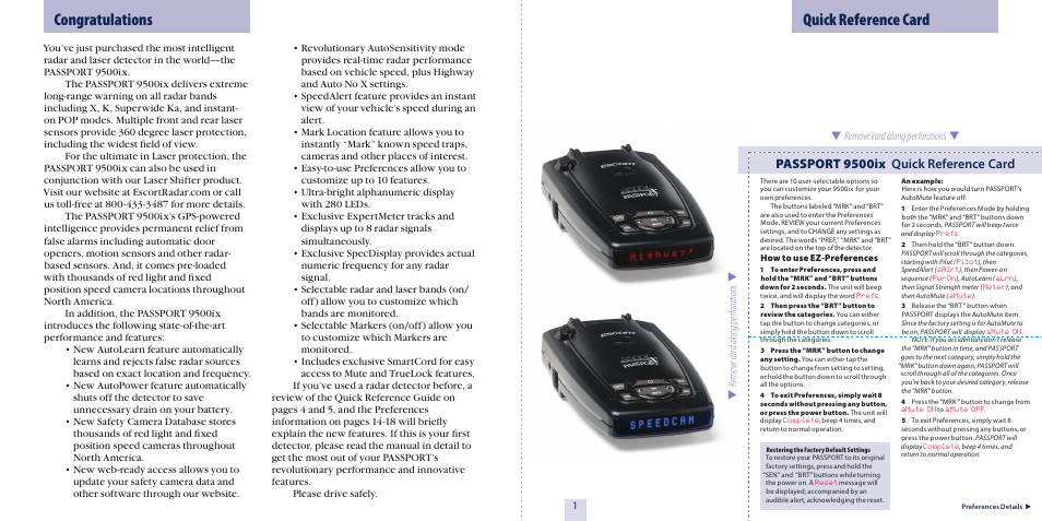 Quick reference card, Passport 9500ix quick reference card | Escort 9500ix User Manual | Page 2 / 18