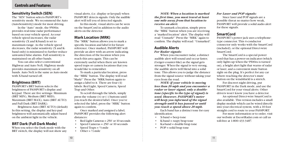 Controls and features, Sensitivity switch (sen), Brightness (brt) | Brt dark (full dark mode), Audible alerts, Smartcord, Mark location (mrk) | Escort 9500ix User Manual | Page 7 / 18