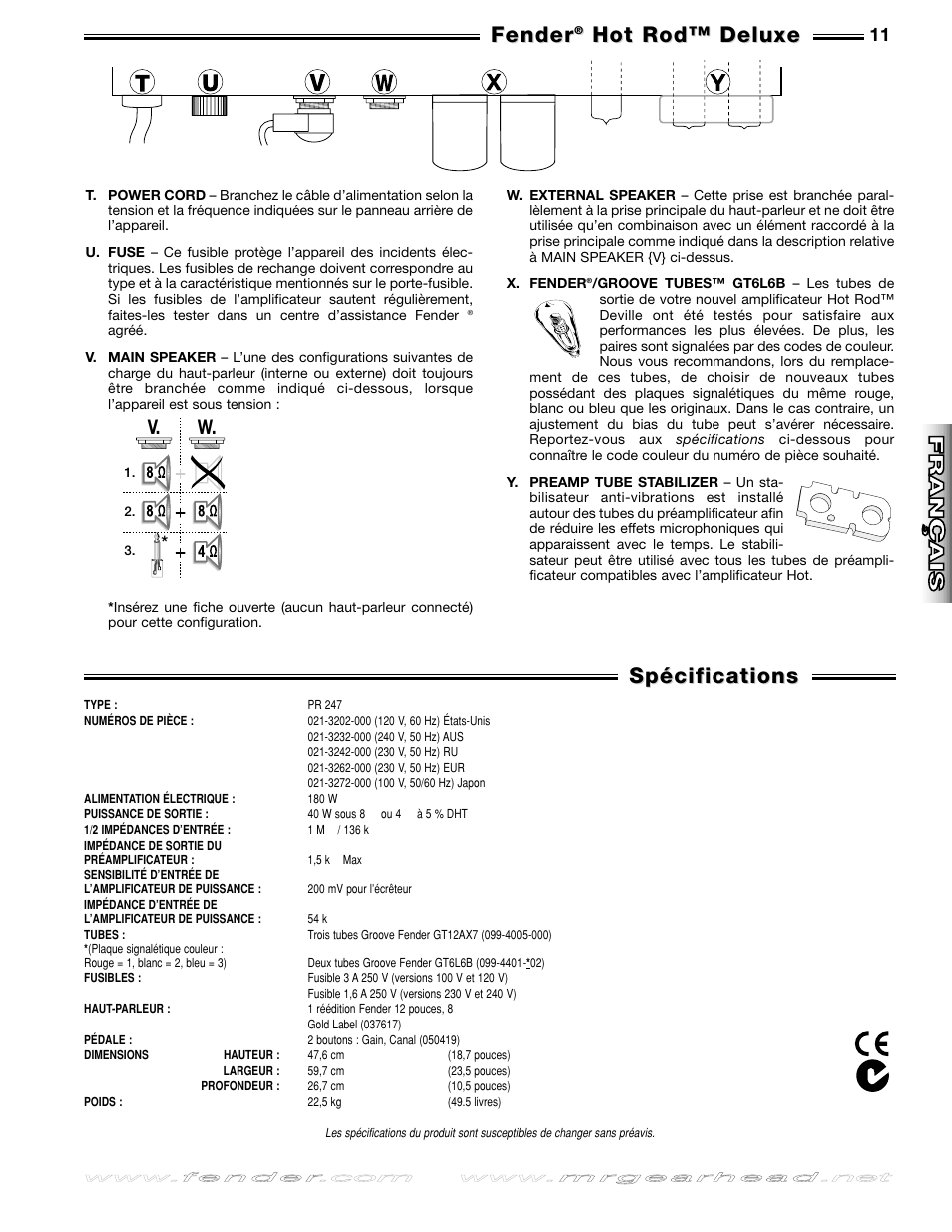 Spécifications, Fender, Hot rod™ deluxe | Deutsch, Deutsch it aliano it aliano fran, Ais fran, Ais esp añol esp añol english english, V. w | Fender Hot Rod Deluxe User Manual | Page 11 / 20