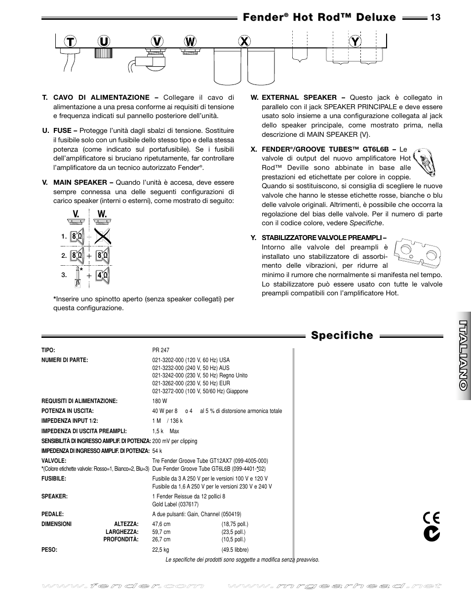 Specifiche, Fender, Hot rod™ deluxe | Deutsch, Deutsch it aliano it aliano fran, Ais fran, Ais esp añol esp añol english english, V. w | Fender Hot Rod Deluxe User Manual | Page 13 / 20