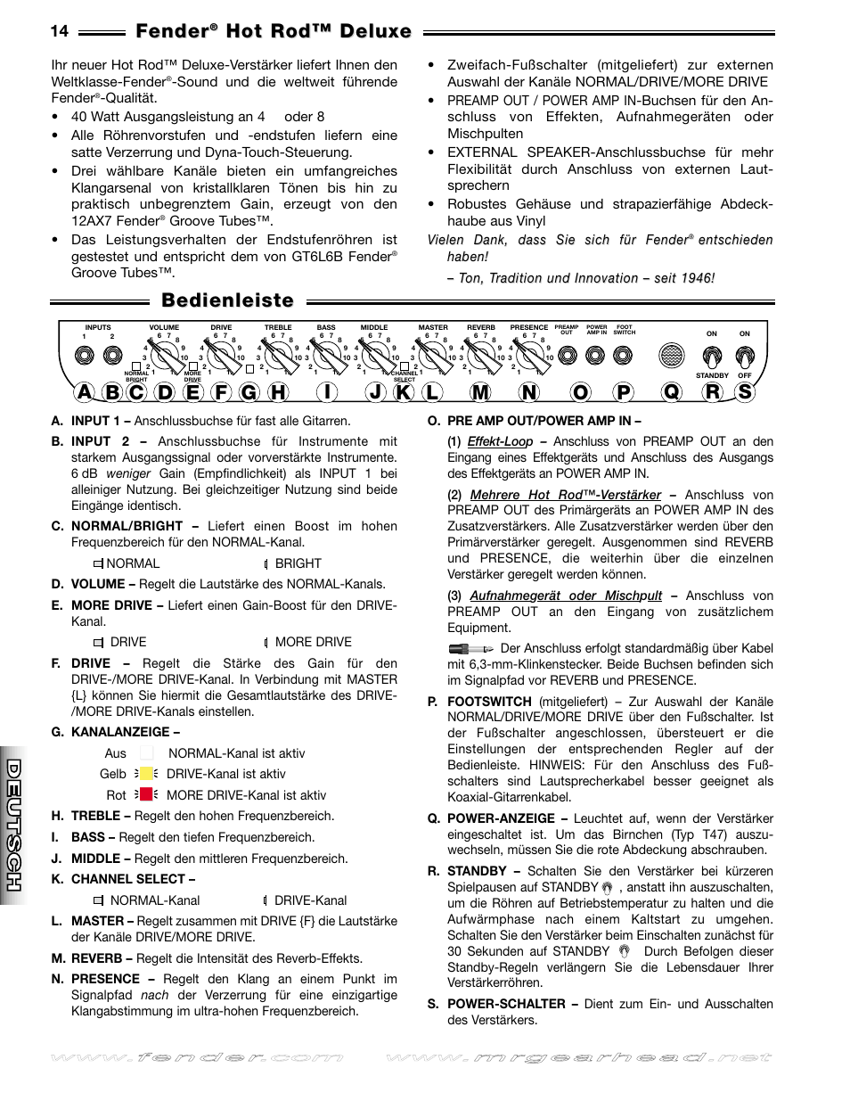 Bedienleiste, Fender, Hot rod™ deluxe | Deutsch, Deutsch it aliano it aliano fran, Ais fran, Ais esp añol esp añol english english | Fender Hot Rod Deluxe User Manual | Page 14 / 20