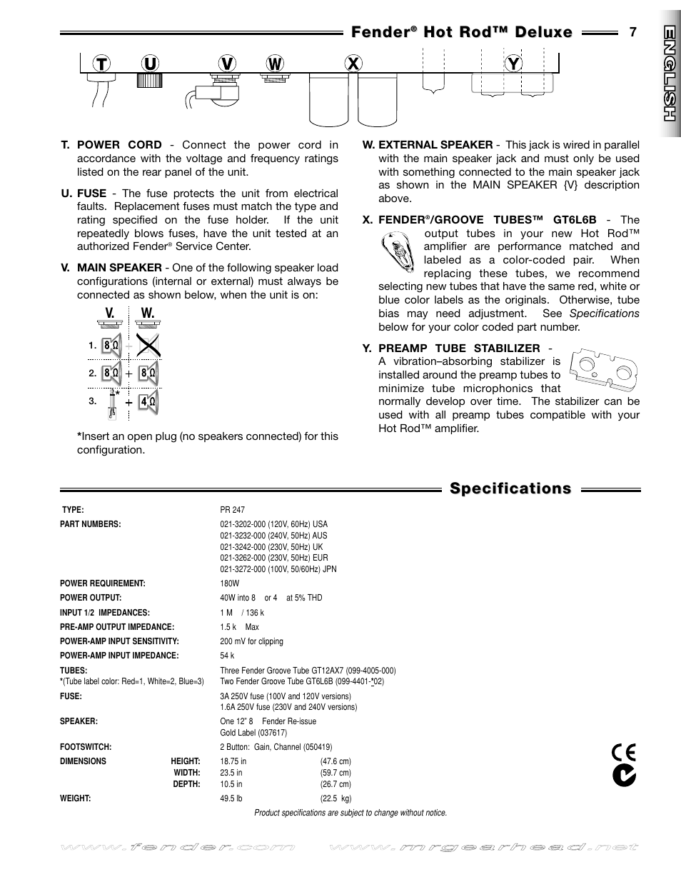 Specifications, Fender, Hot rod™ deluxe | Deutsch, Deutsch it aliano it aliano fran, Ais fran, Ais esp añol esp añol english englishenglish, V. w | Fender Hot Rod Deluxe User Manual | Page 7 / 20