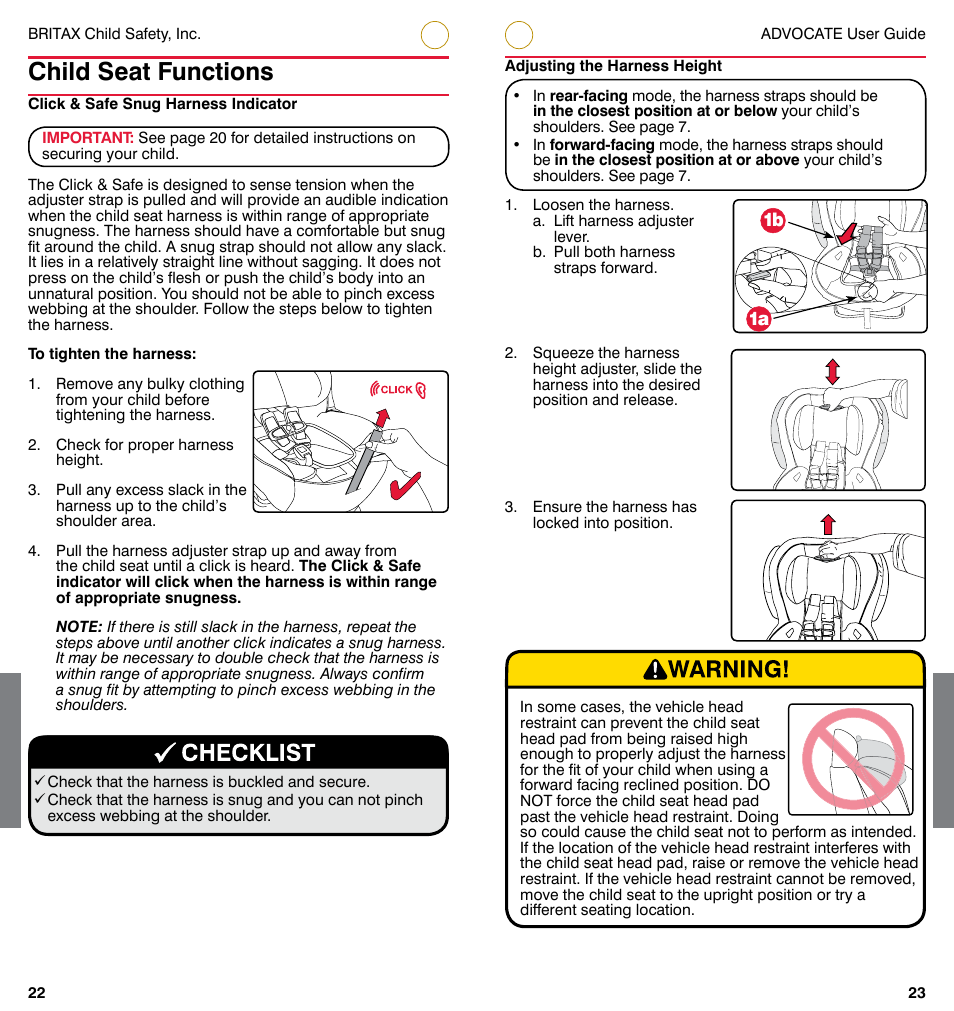 Child seat functions, 1b 1a | Britax ADVOCATE User Manual | Page 14 / 52