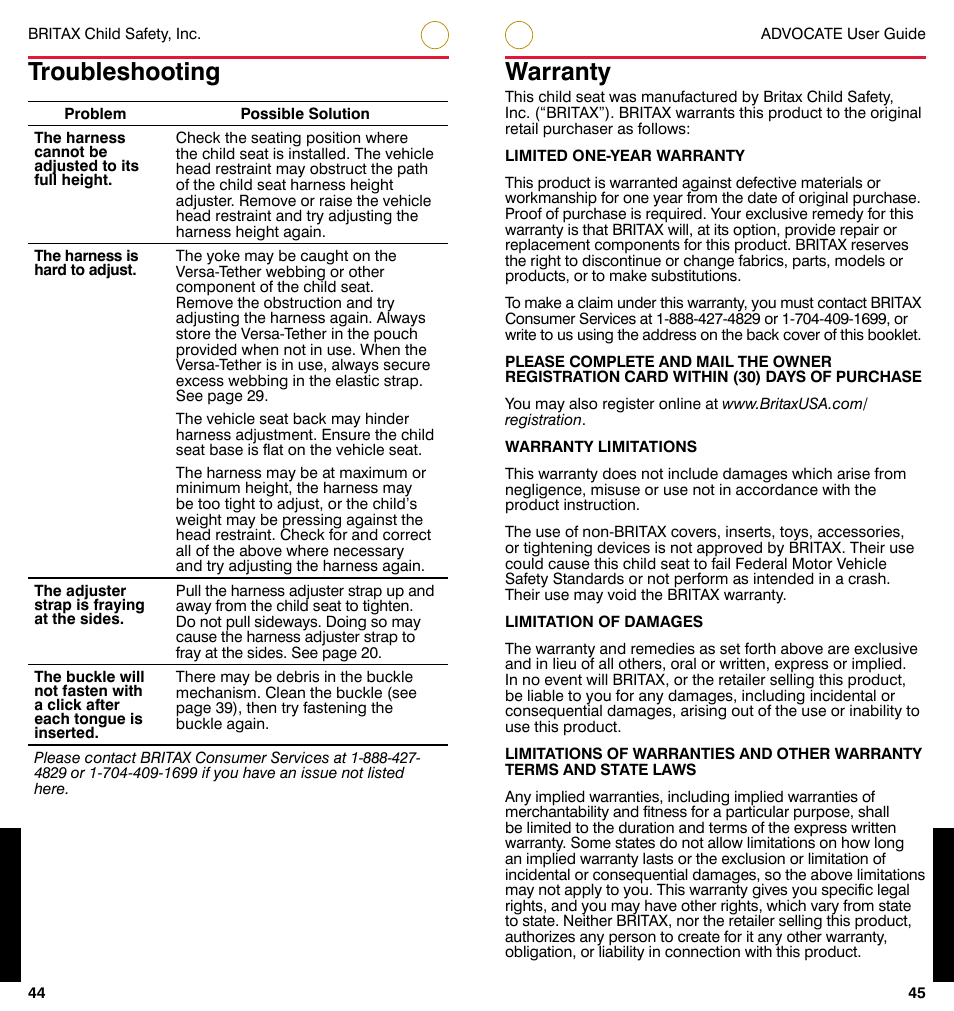 Troubleshooting, Warranty | Britax ADVOCATE User Manual | Page 25 / 52