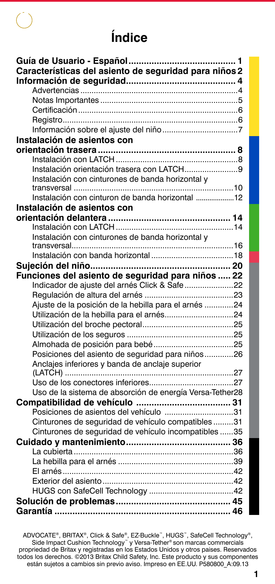 Guía de usuario - español, Índice | Britax ADVOCATE User Manual | Page 27 / 52