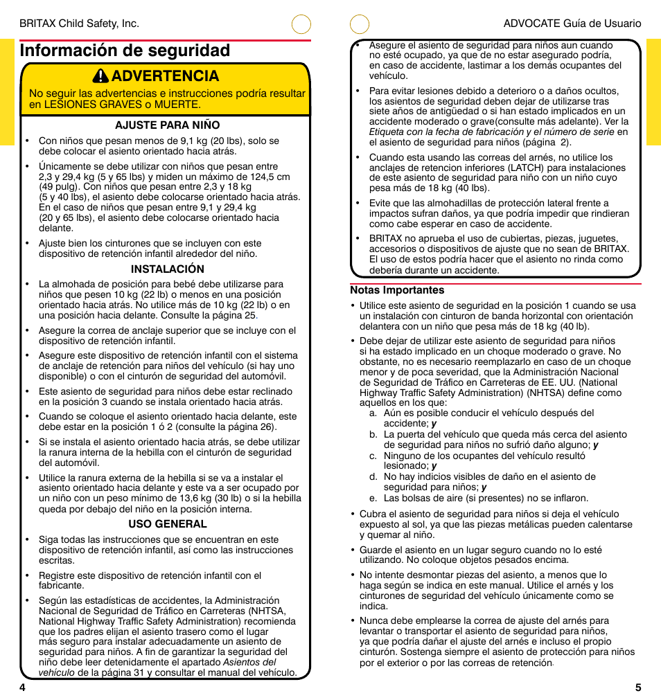 Información de seguridad | Britax ADVOCATE User Manual | Page 29 / 52