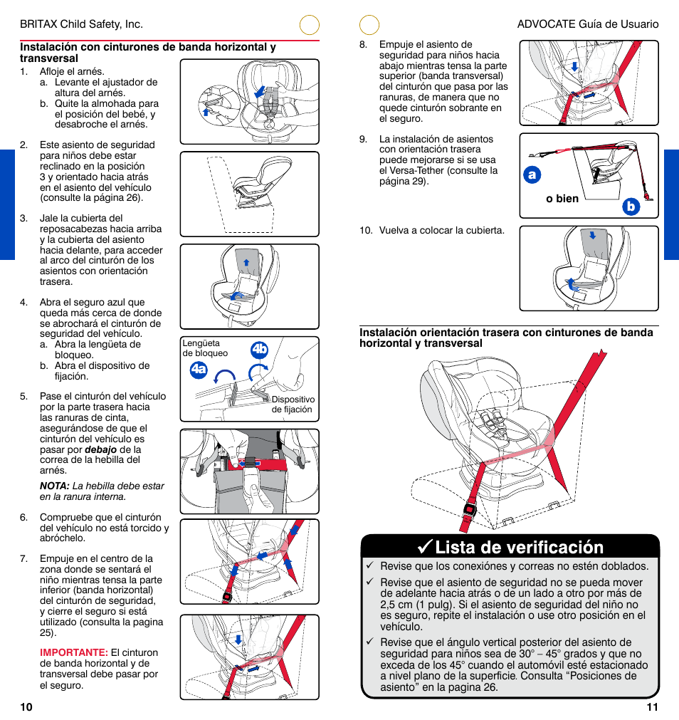 Consulta “posiciones de asiento” en la pagina 26, O bien, Lengüeta de bloqueo dispositivo de fijación | Britax ADVOCATE User Manual | Page 32 / 52