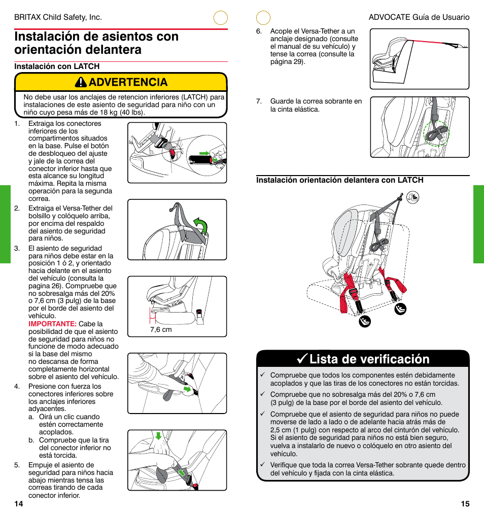 Instalación de asientos con orientación delantera | Britax ADVOCATE User Manual | Page 34 / 52