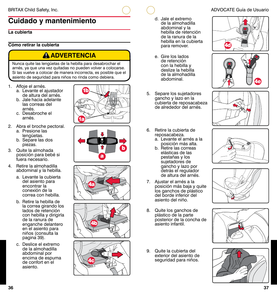 Cuidado y mantenimiento, 4c 4b 4a a b, 4d 4e 1b 1a | Britax ADVOCATE User Manual | Page 45 / 52