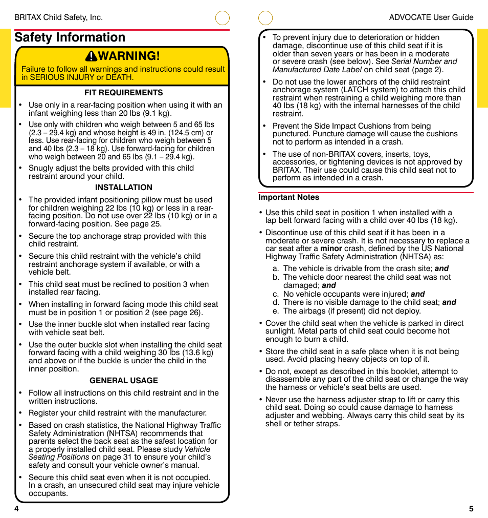 Safety information | Britax ADVOCATE User Manual | Page 5 / 52