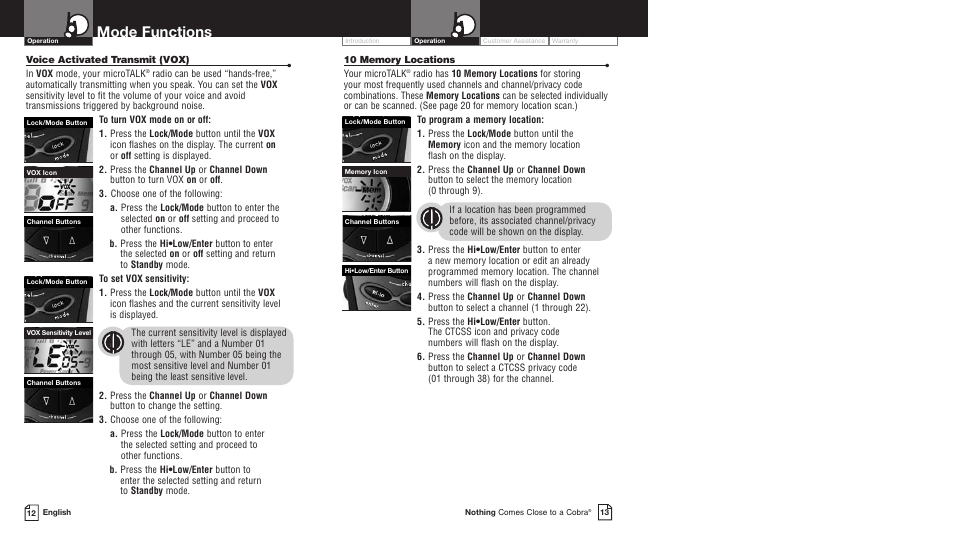 Mode functions | Cobra Electronics PR5000DX User Manual | Page 10 / 19