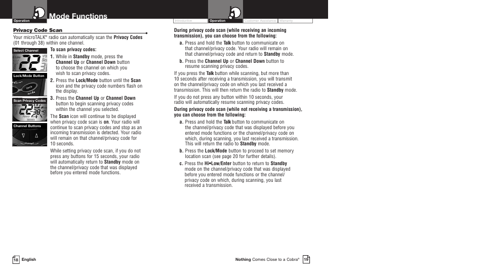 Mode functions | Cobra Electronics PR5000DX User Manual | Page 13 / 19