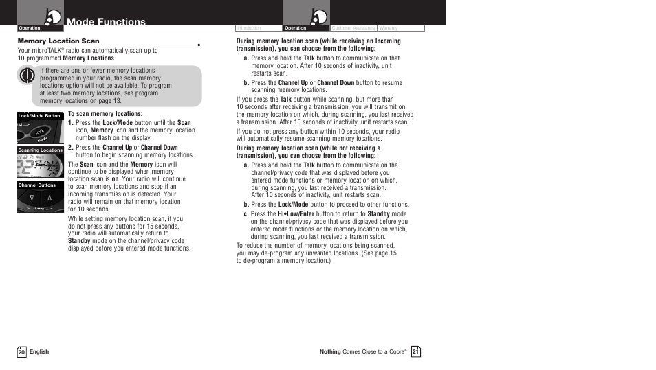 Mode functions | Cobra Electronics PR5000DX User Manual | Page 14 / 19