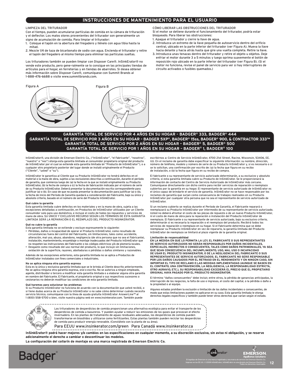 Badger, Instrucciones de mantenimiento para el usuario | InSinkErator Badger 5 User Manual | Page 12 / 14