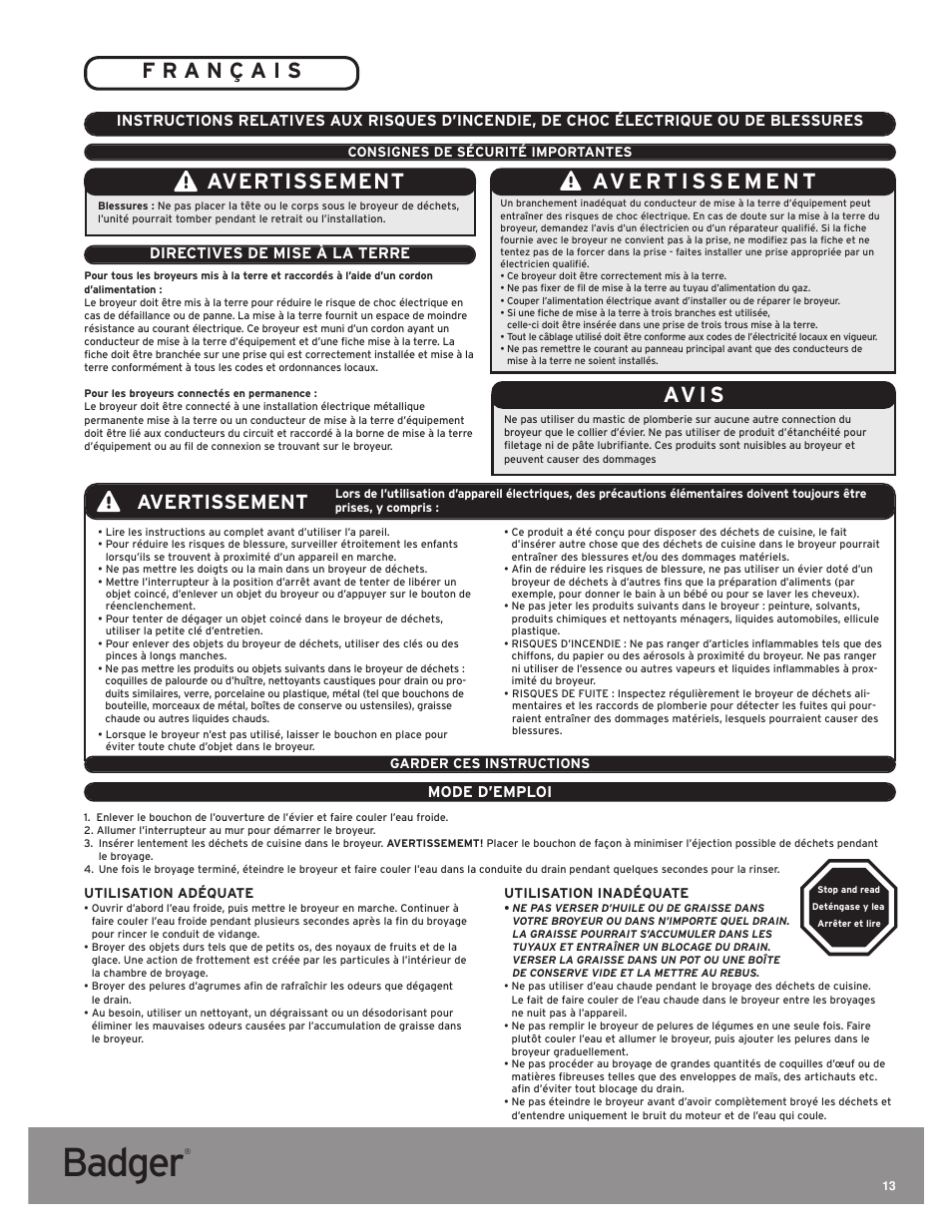 Badger, Av i s, Avertissement | Mode d’emploi, Directives de mise à la terre | InSinkErator Badger 5 User Manual | Page 13 / 14