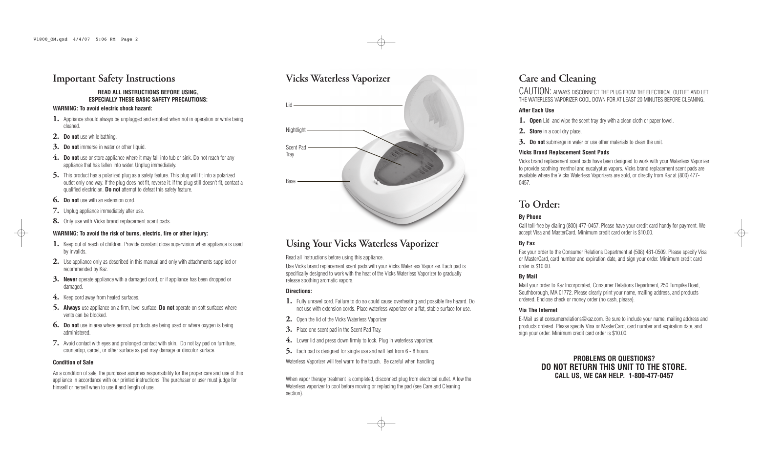 Vicks Waterless Vaporizer V1800 User Manual | 2 pages