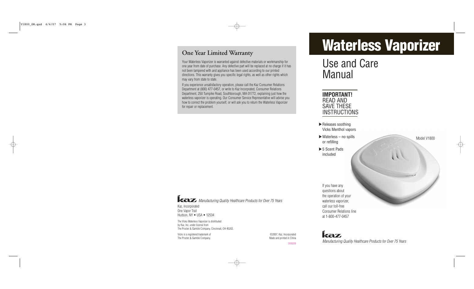 Waterless vaporizer, Use and care manual, One year limited warranty | Important! read and save these instructions | Vicks Waterless Vaporizer V1800 User Manual | Page 2 / 2