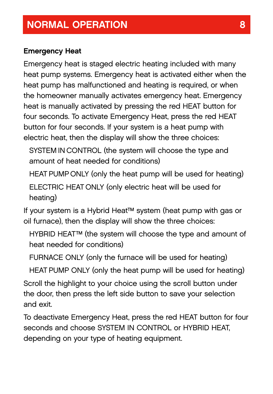 Normal operation 8 | Bryant evolution  thermostat User Manual | Page 12 / 44