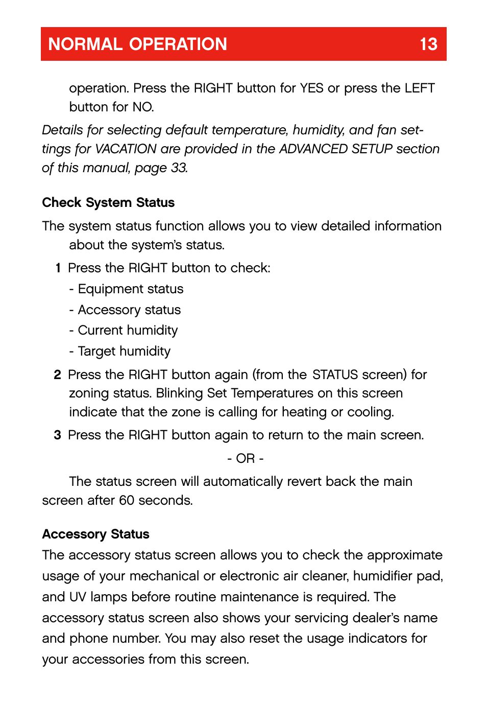 Normal operation 13 | Bryant evolution  thermostat User Manual | Page 17 / 44