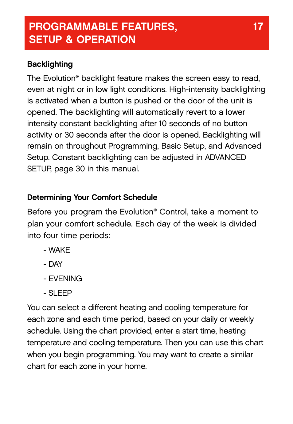 Programmable features, 17 setup & operation | Bryant evolution  thermostat User Manual | Page 21 / 44