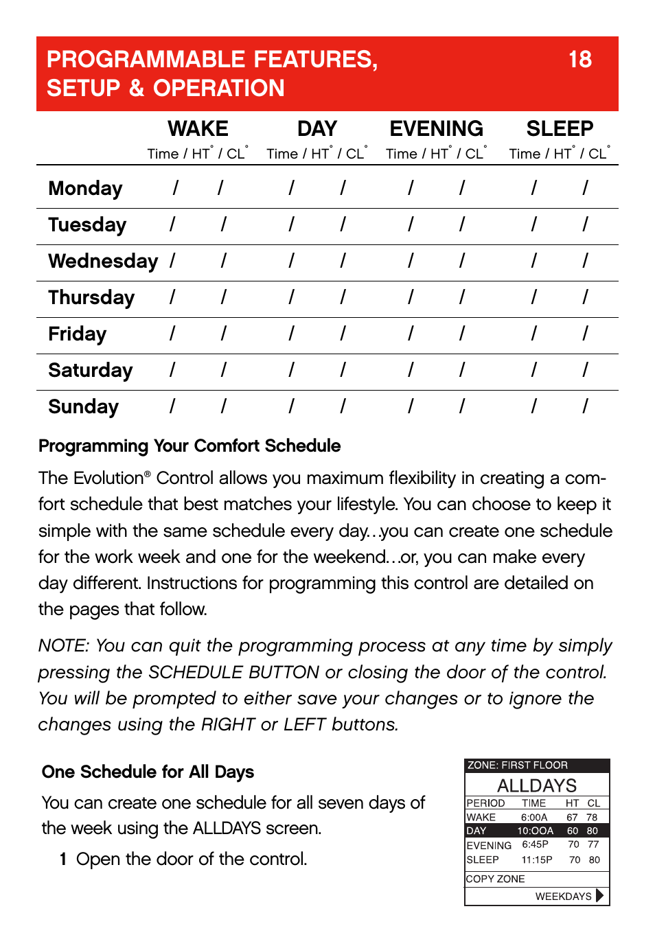 Programmable features, 18 setup & operation, Wake day evening sleep | Bryant evolution  thermostat User Manual | Page 22 / 44