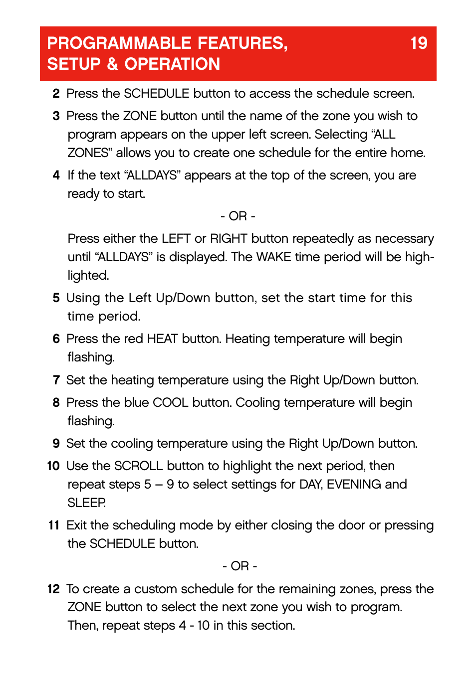 Programmable features, 19 setup & operation | Bryant evolution  thermostat User Manual | Page 23 / 44