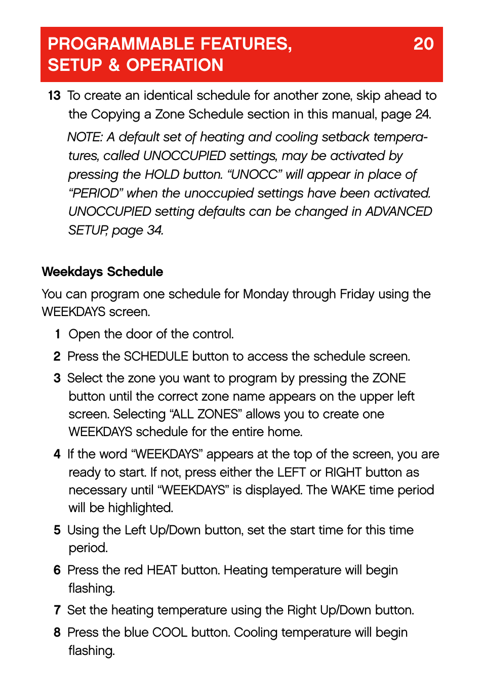 Programmable features, 20 setup & operation | Bryant evolution  thermostat User Manual | Page 24 / 44