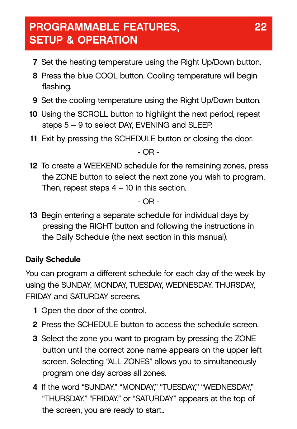 Programmable features, 22 setup & operation | Bryant evolution  thermostat User Manual | Page 26 / 44