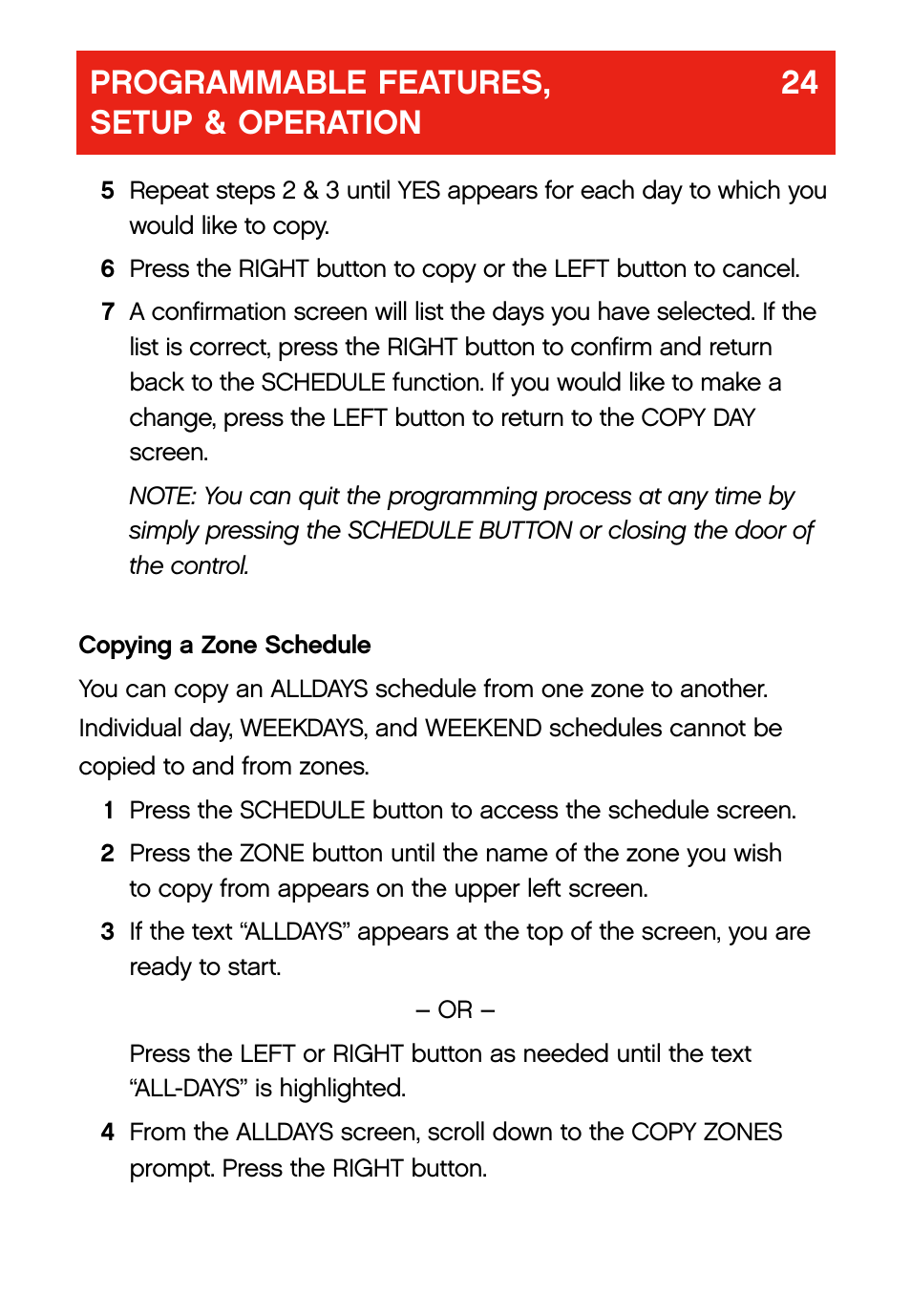 Programmable features, 24 setup & operation | Bryant evolution  thermostat User Manual | Page 28 / 44