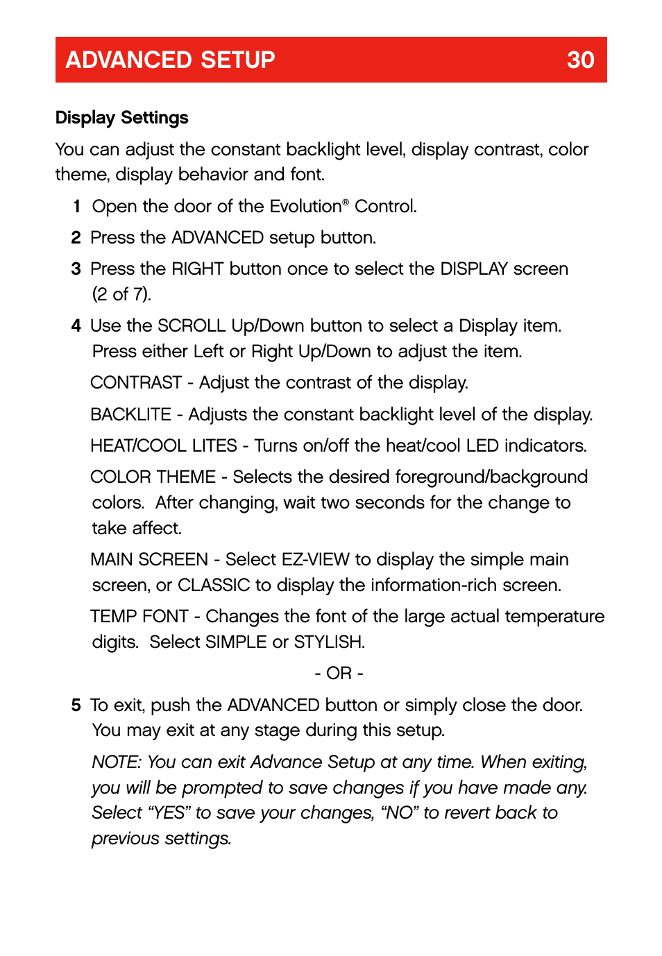 Advanced setup 30 advanced setup 30 | Bryant evolution  thermostat User Manual | Page 34 / 44