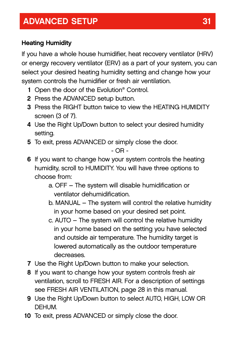 Advanced setup 31 | Bryant evolution  thermostat User Manual | Page 35 / 44