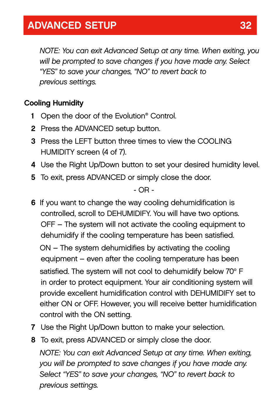Advanced setup 32 | Bryant evolution  thermostat User Manual | Page 36 / 44