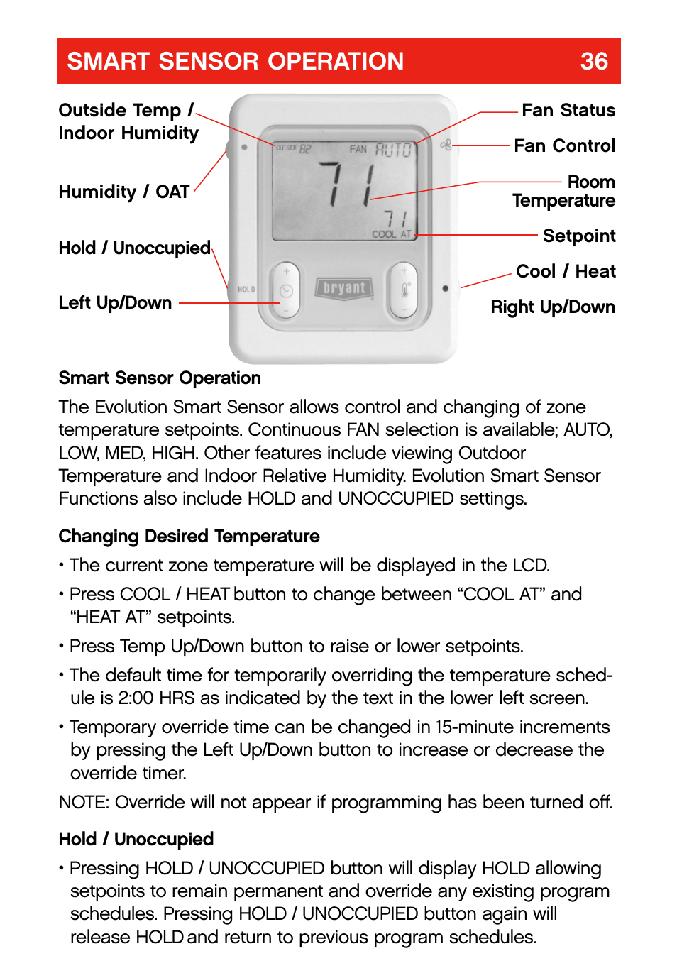 Smart sensor operation 36 | Bryant evolution  thermostat User Manual | Page 40 / 44