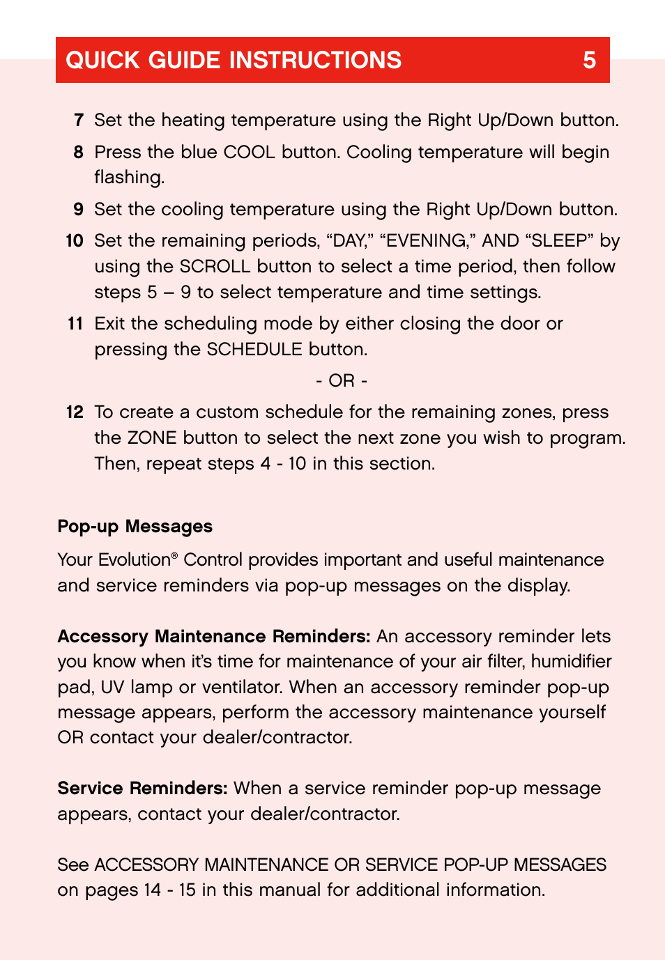 Quick guide instructions 5 | Bryant evolution  thermostat User Manual | Page 9 / 44