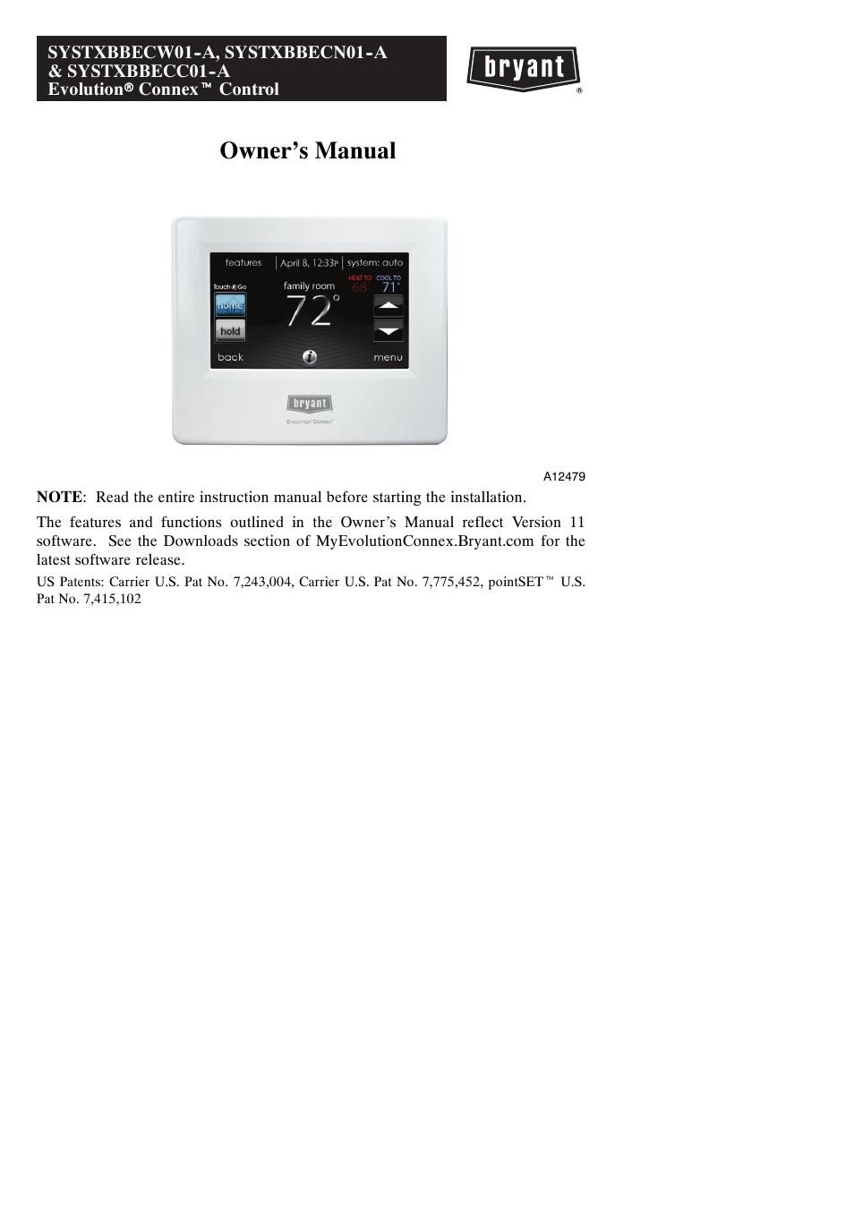 Bryant evolution thermostat SYSTXBBECW01-A User Manual | 68 pages