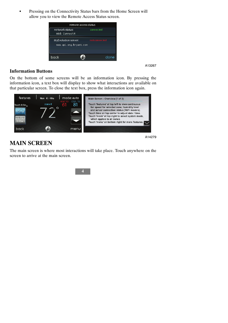 Main screen | Bryant evolution thermostat SYSTXBBECW01-A User Manual | Page 10 / 68