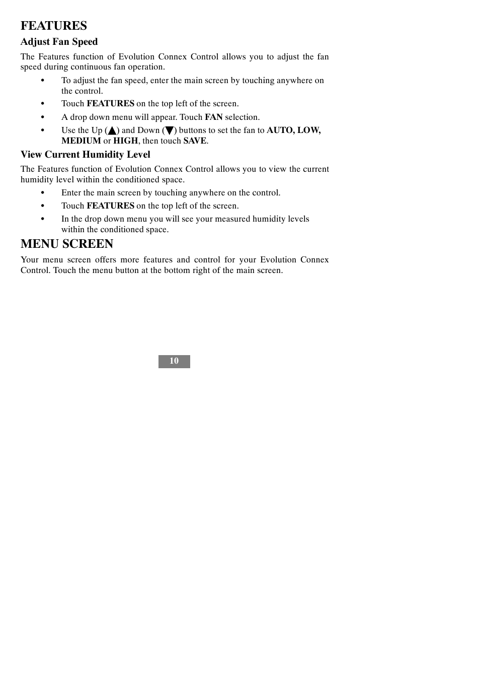 Features, Menu screen | Bryant evolution thermostat SYSTXBBECW01-A User Manual | Page 16 / 68