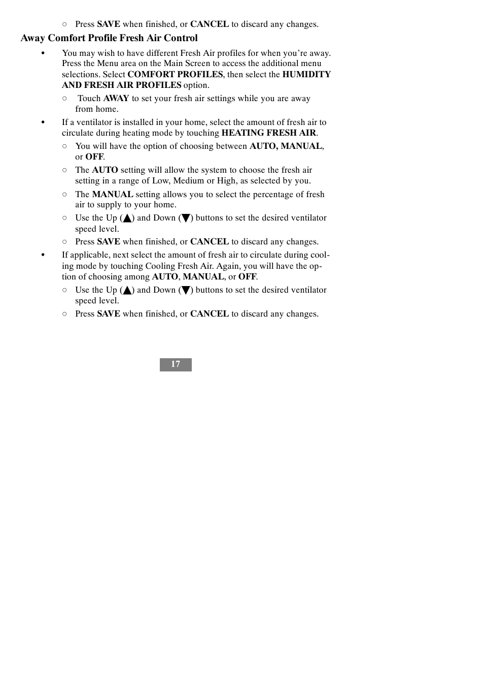 Away comfort profile fresh air control | Bryant evolution thermostat SYSTXBBECW01-A User Manual | Page 23 / 68