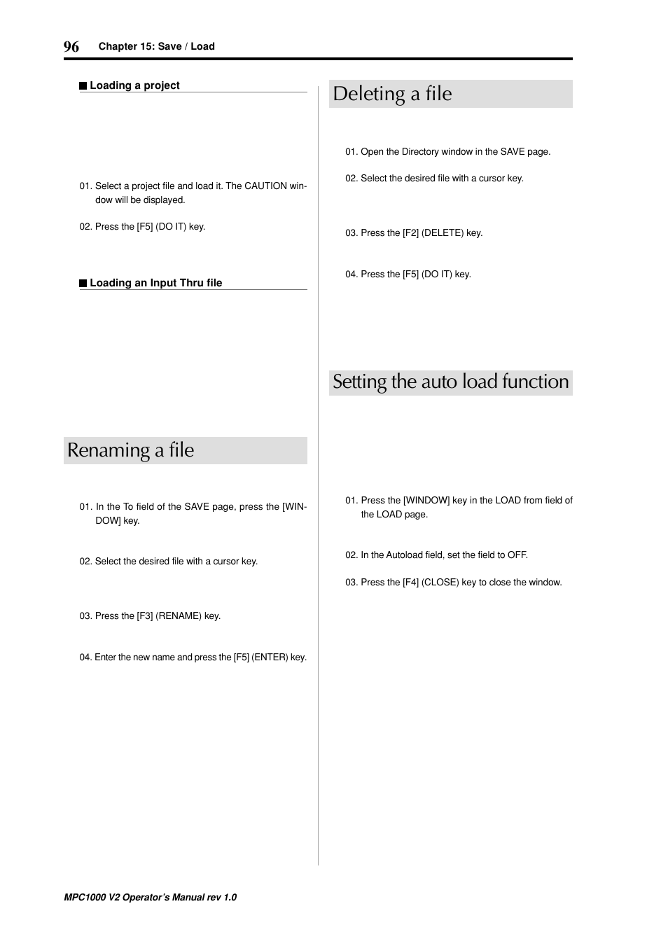 Renaming a file, Deleting a file, Setting the auto load function | Akai MPC 1000 User Manual | Page 106 / 120